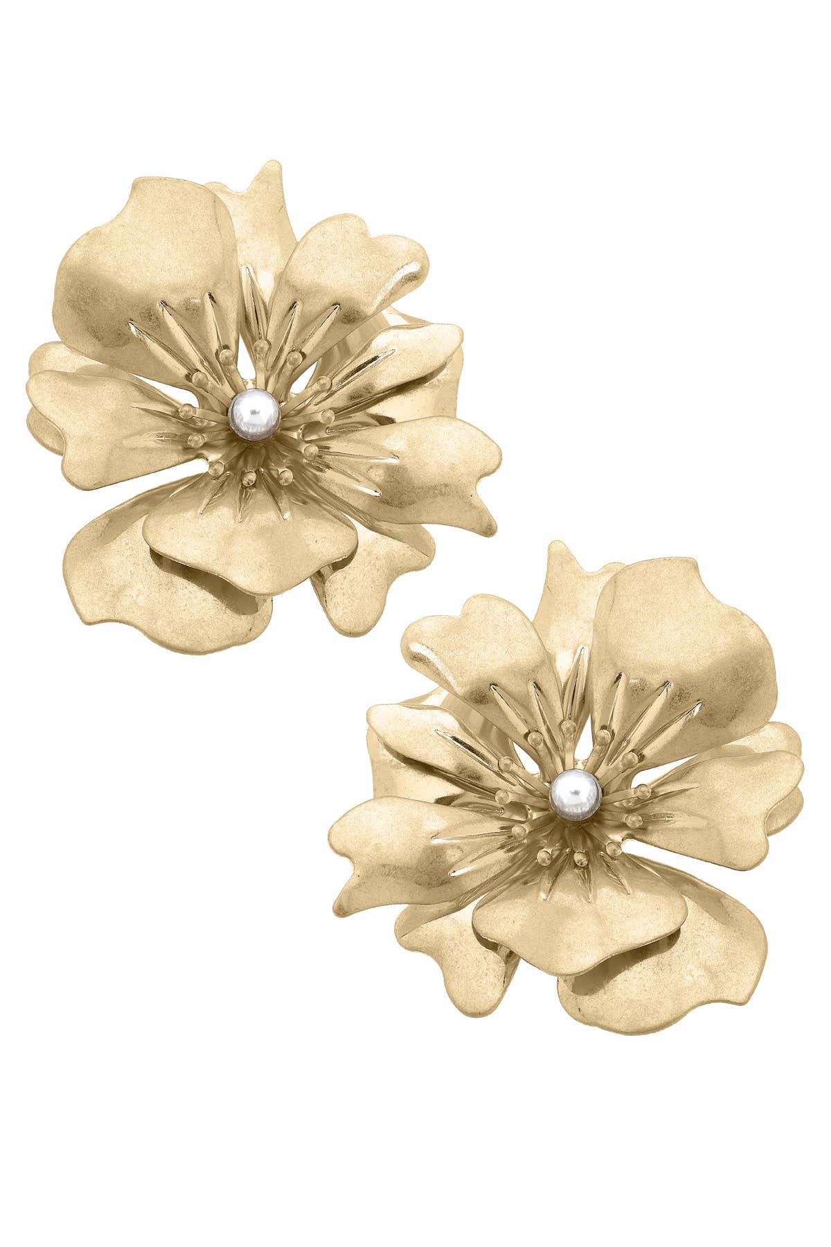 Nicole Pearl Flower Statement Earrings in Worn Gold