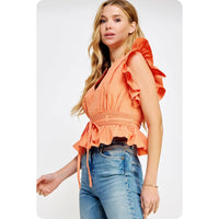 Carmen Flutter Sleeve Peplum Poplin Top:  Cantaloupe or Off White