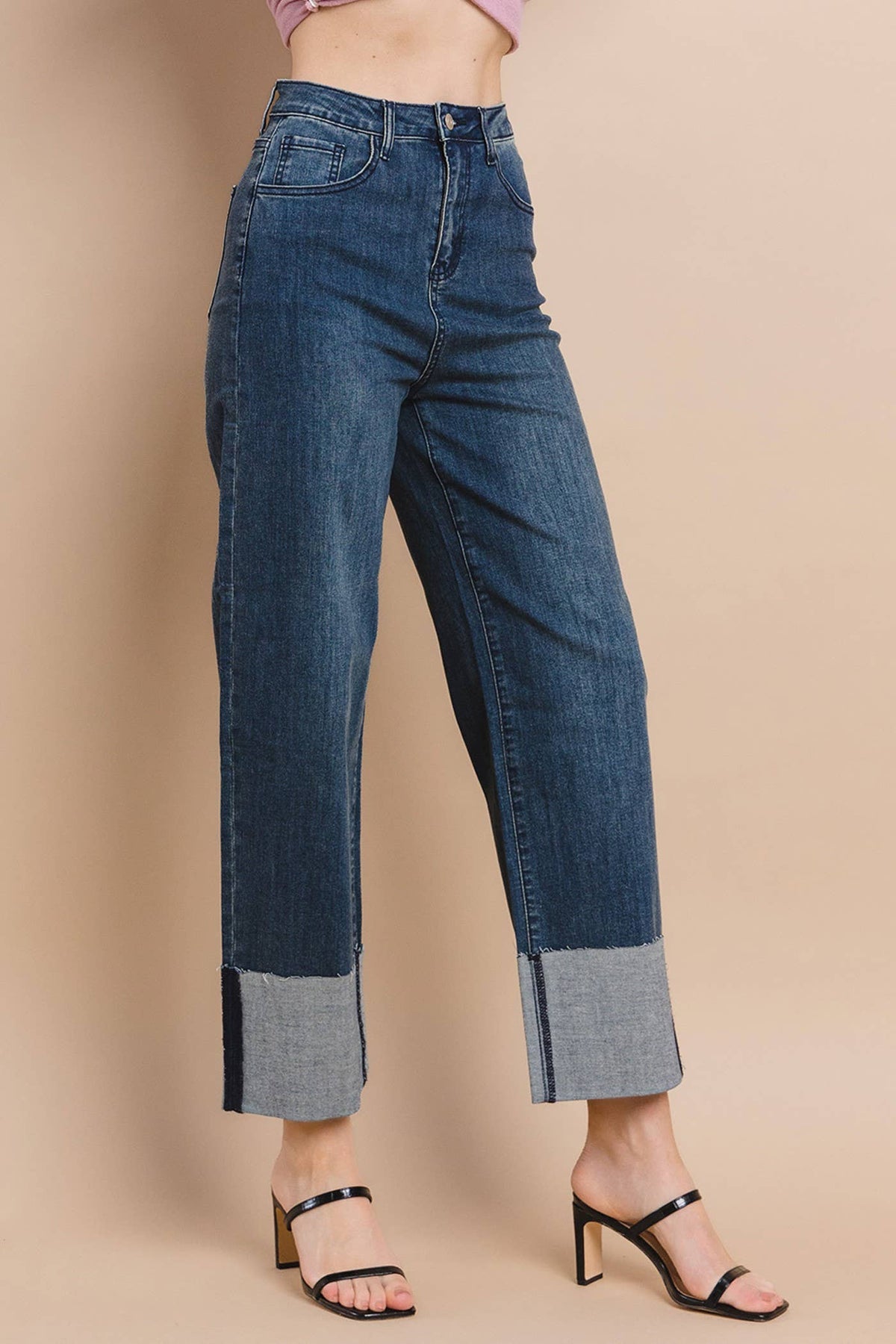 STRAIGHT LEG BOYFRIEND FIT CUFFED JEANS- MID Denim