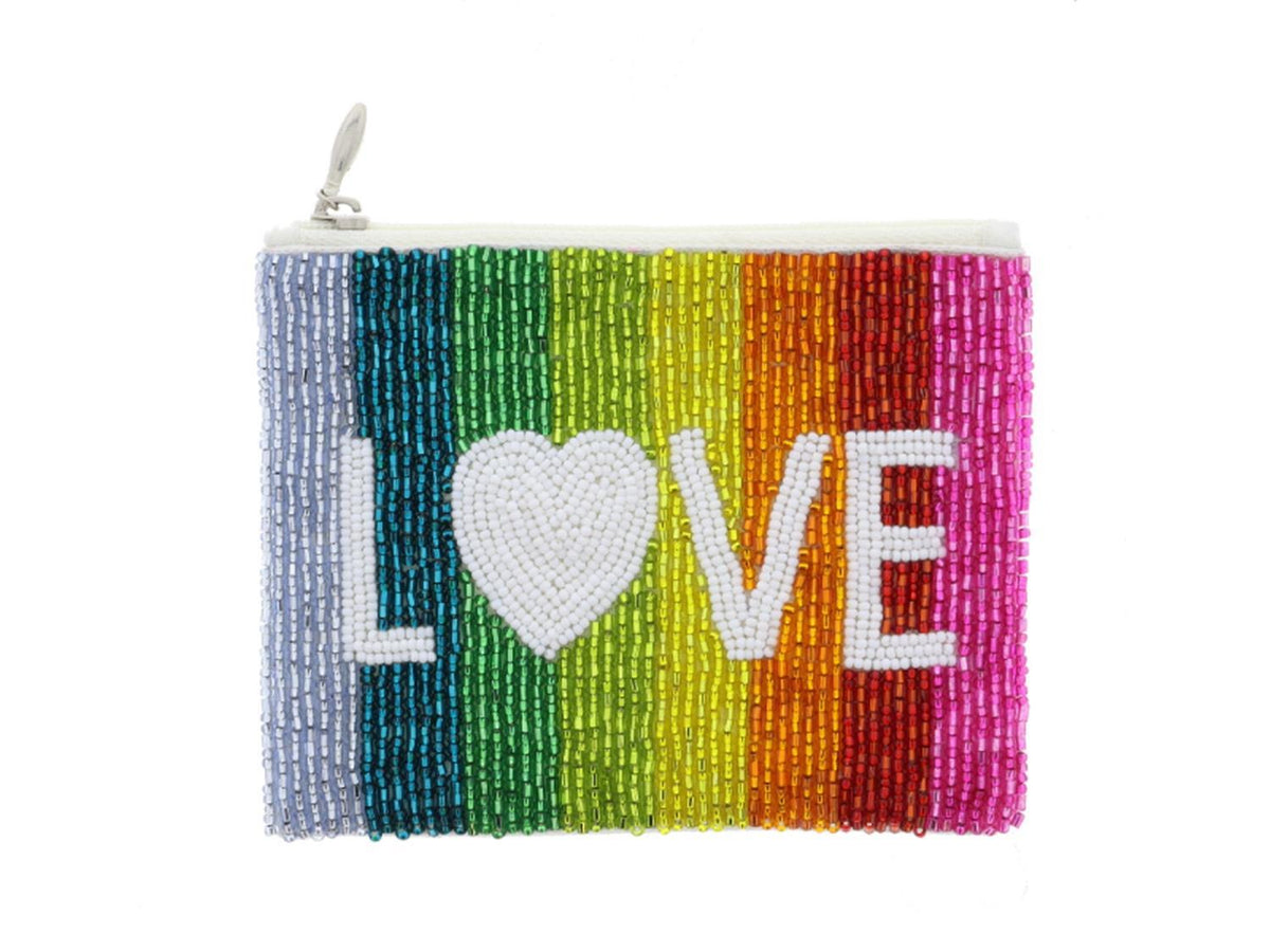 Rainbow Striped Beaded with White "LOVE" Coin Purse, 4" x 5"