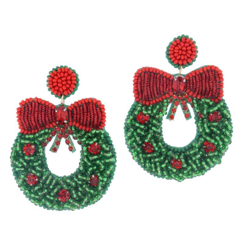 Red and Green Beaded Christmas Wreath With Bow Earrings