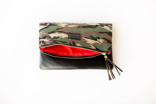 Fold Over Cutch-Camo & Black w Red Lining or Leopard Print