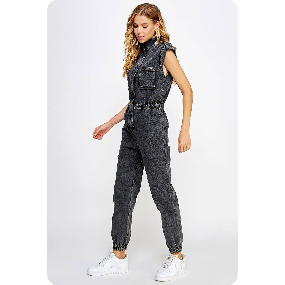 Kyra High Neck Sleeveless Denim Jumpsuit: Denim and Black Denim