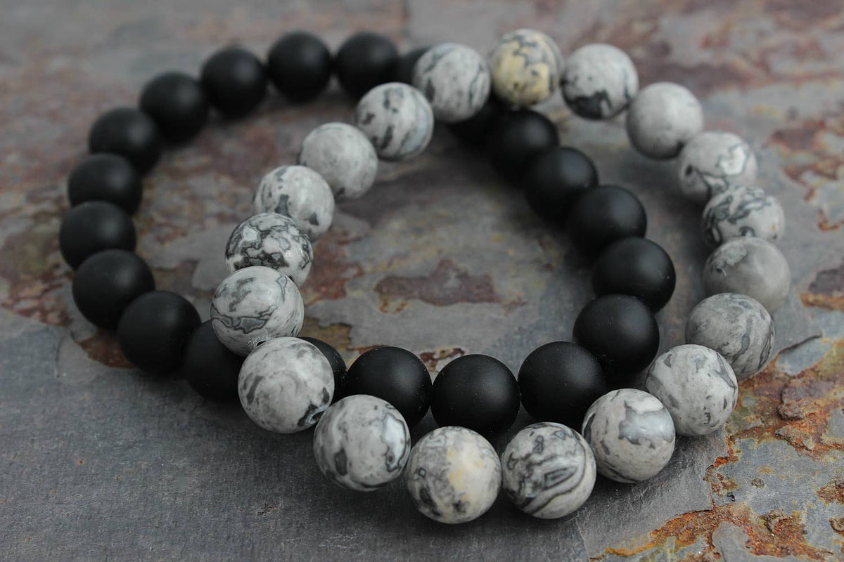 3 pc Mens Bracelet Set - Gray Jasper, Onyx & Lava Stone: 8mm