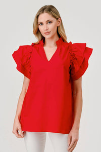 Harlow Cotton Poplin Exaggerated Ruffle Sleeve Top Red