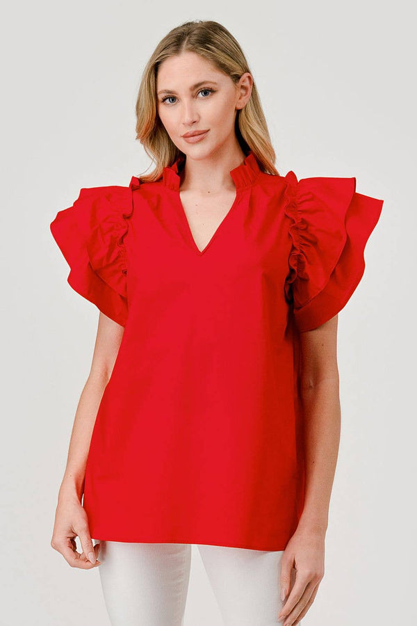 Harlow Cotton Poplin Exaggerated Ruffle Sleeve Top Red