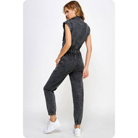 Kyra High Neck Sleeveless Denim Jumpsuit: Denim and Black Denim