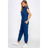 Kyra High Neck Sleeveless Denim Jumpsuit: Denim and Black Denim