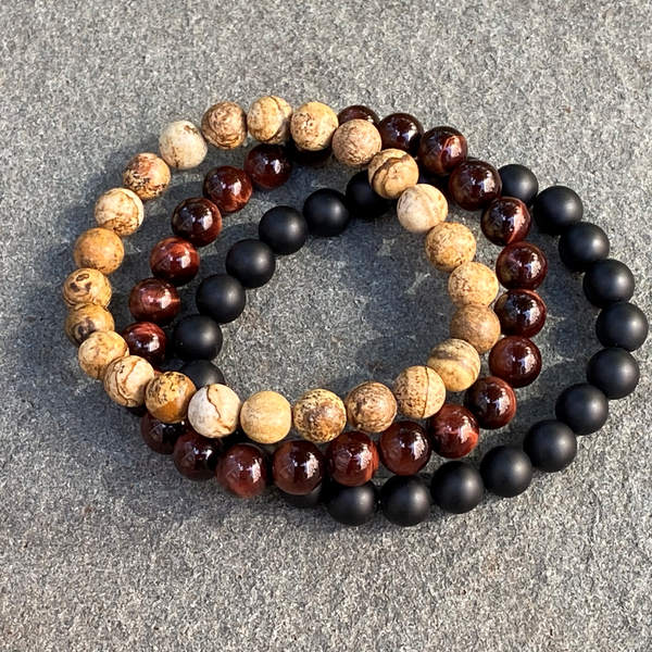 Mens Bracelet Set - Tigers Eye, Sand Jasper w/ Lava or Onyx: 10mm / 3pc with Onyx