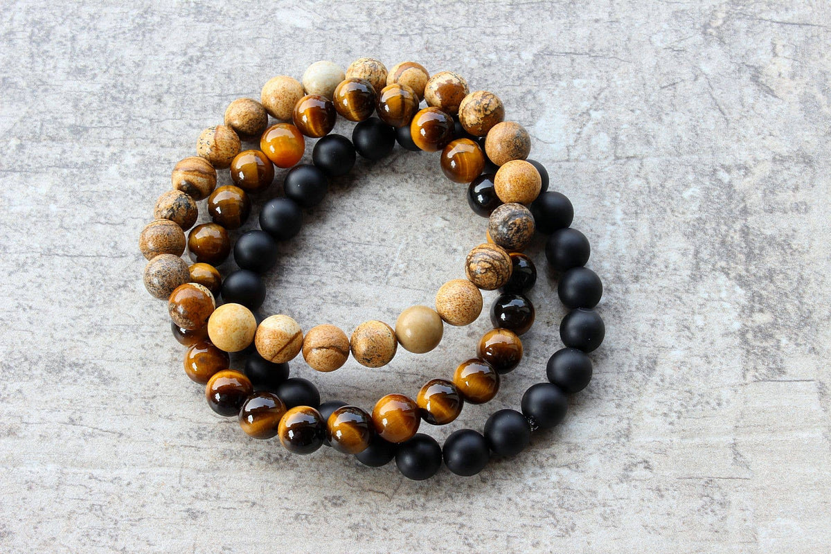 Golden Tigers Eye, Sand Jasper w/ Lava or Onyx - 3pc Set: 10mm / 3pc with Onyx