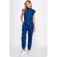 Kyra High Neck Sleeveless Denim Jumpsuit: Denim and Black Denim