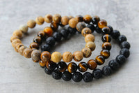 Golden Tigers Eye, Sand Jasper w/ Lava or Onyx - 3pc Set: 10mm / 3pc with Onyx