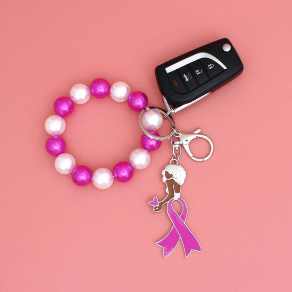 Breast Cancer Awareness Keychain Silver Pink Ribbon Mixed Pearl Wristlet