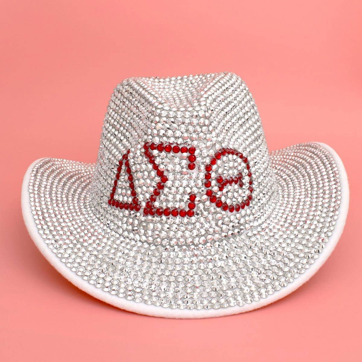 DST Sorority Silver Red Rhinestone Fedora Hat