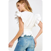 Carmen Flutter Sleeve Peplum Poplin Top:  Cantaloupe or Off White