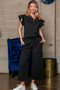 Missy Black Textured Flutter Sleeve Top Wide Leg Pants Set