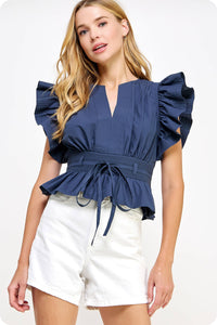 Carmen Flutter Sleeve Peplum Poplin Top:  Cantaloupe or Off White