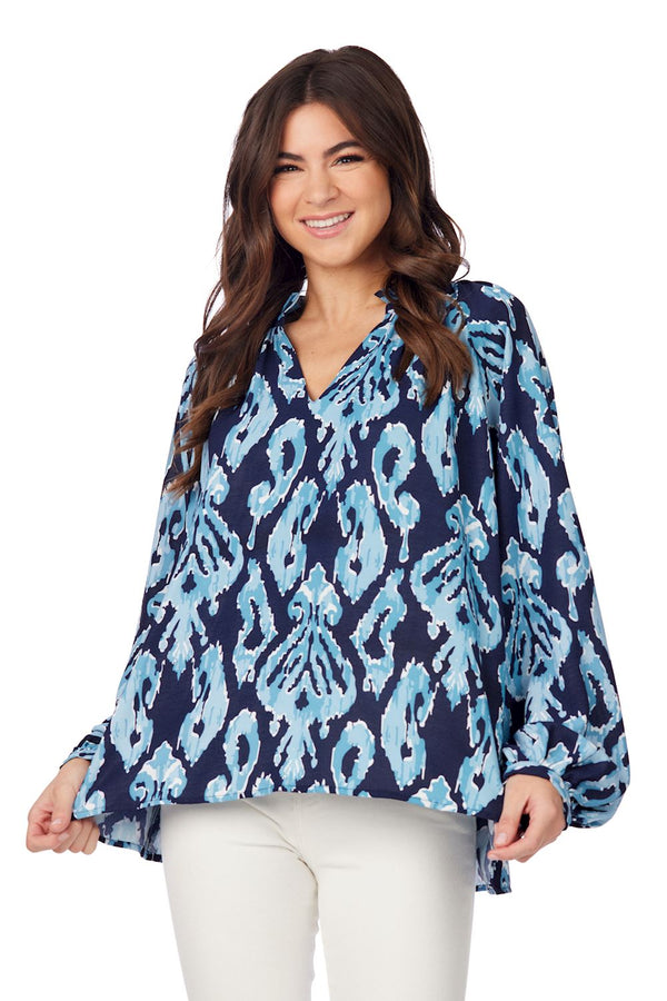 Warren Navy Ikat Block Print Top