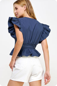 Carmen Flutter Sleeve Peplum Poplin Top:  Cantaloupe or Off White