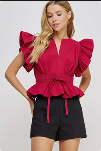 Carmen Flutter Sleeve Peplum Poplin Top:  Cantaloupe or Off White