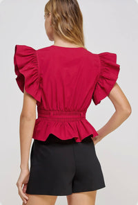 Carmen Flutter Sleeve Peplum Poplin Top:  Cantaloupe or Off White