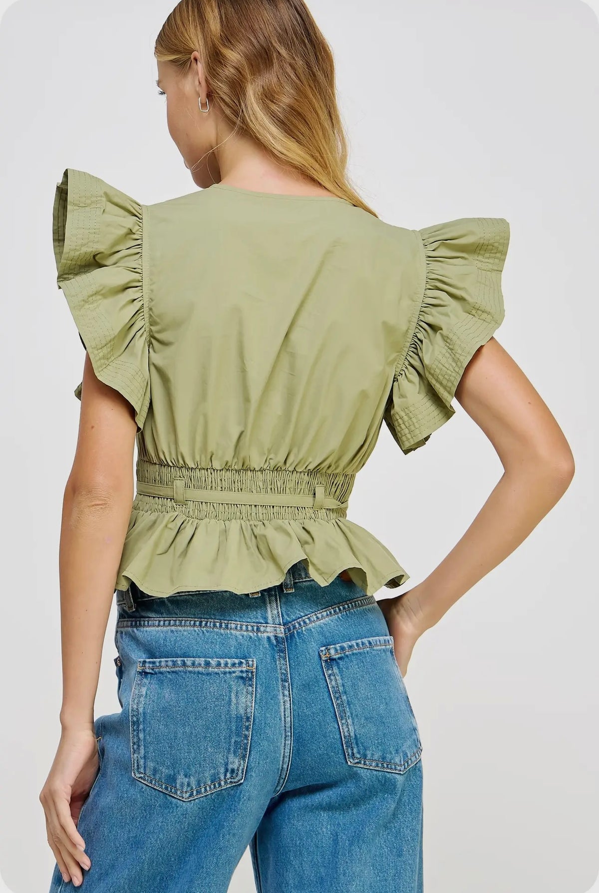 Carmen Flutter Sleeve Peplum Poplin Top:  Cantaloupe or Off White