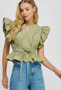 Carmen Flutter Sleeve Peplum Poplin Top:  Cantaloupe or Off White