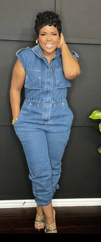 Kyra High Neck Sleeveless Denim Jumpsuit: Denim and Black Denim