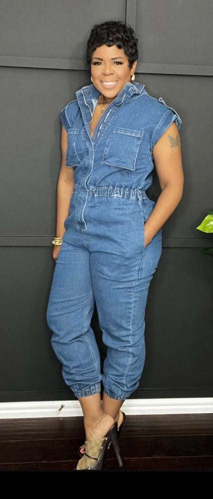 Kyra High Neck Sleeveless Denim Jumpsuit: Denim and Black Denim