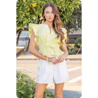 Carmen Flutter Sleeve Peplum Poplin Top:  Cantaloupe or Off White