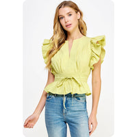 Carmen Flutter Sleeve Peplum Poplin Top:  Cantaloupe or Off White