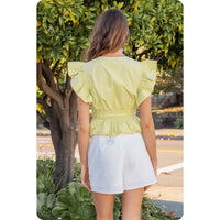 Carmen Flutter Sleeve Peplum Poplin Top:  Cantaloupe or Off White