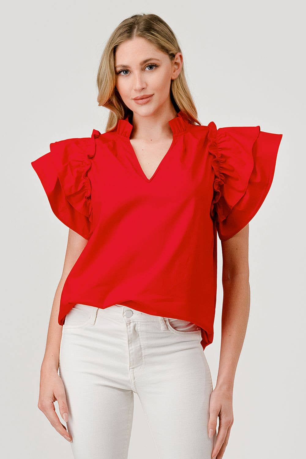 Harlow Cotton Poplin Exaggerated Ruffle Sleeve Top Red