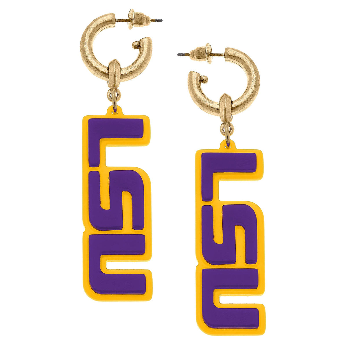 LSU Tigers Resin Logo Drop Hoop Earrings in Yellow