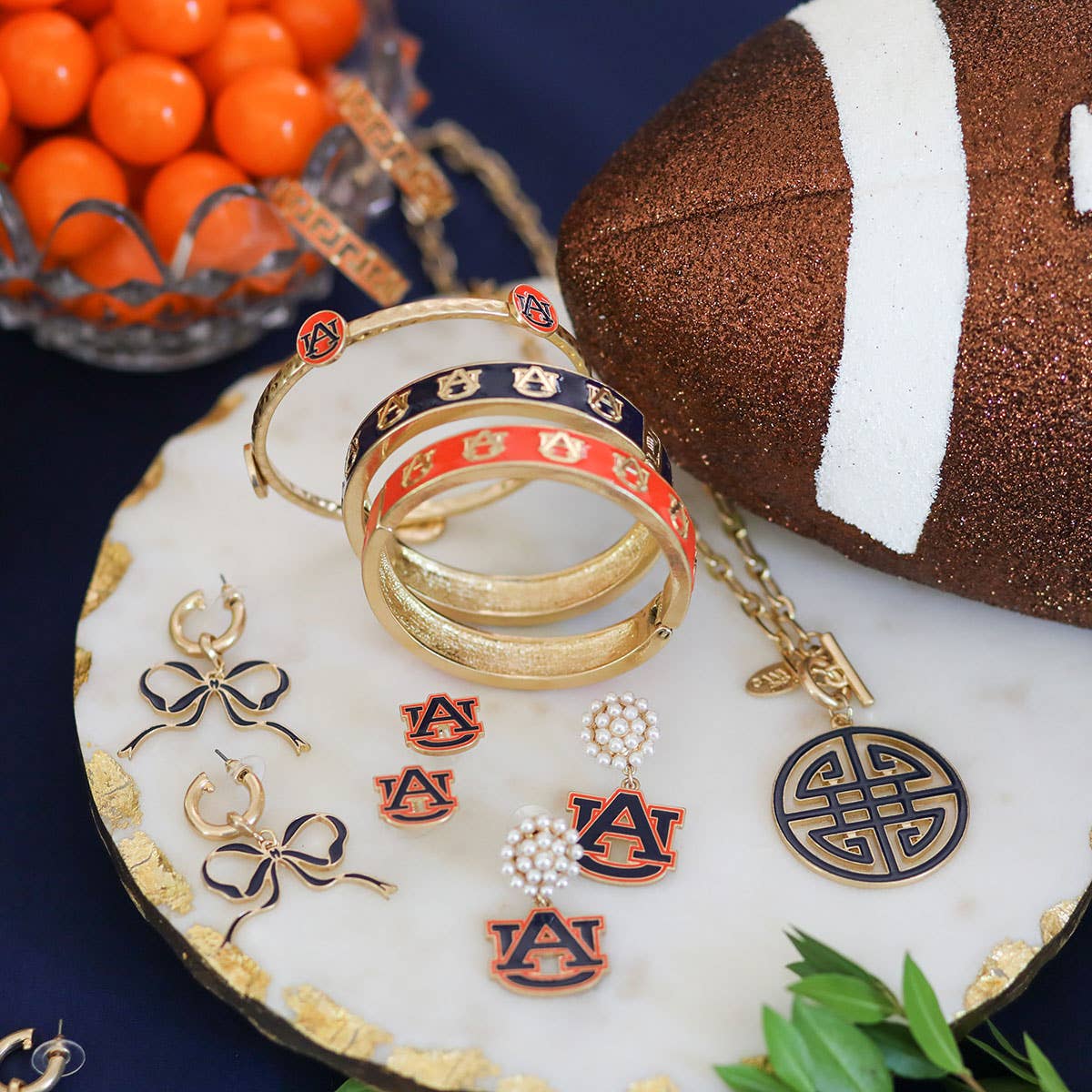 Auburn Tigers Pearl Cluster Enamel Drop Earrings in Navy/Ora