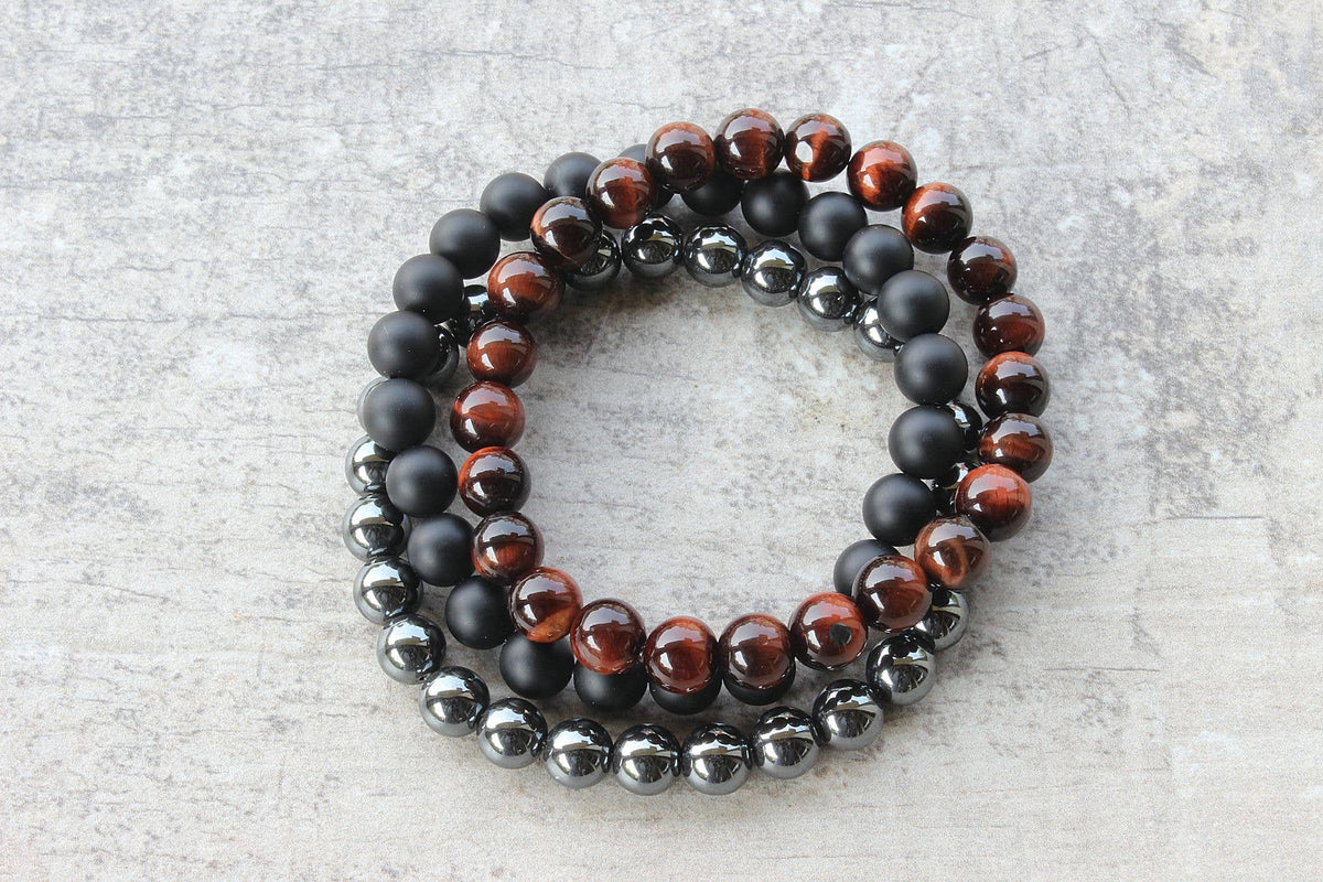 Mens Bracelet Set, Tigers Eye, Hematite, Onyx & Lava Stone: 8mm