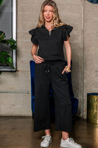 Missy Black Textured Flutter Sleeve Top Wide Leg Pants Set