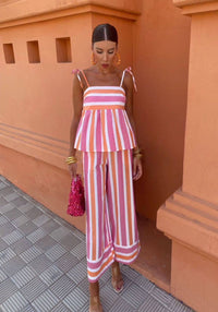 9659 Stripe printed top + pants set: Fuchsia / UNIQUE