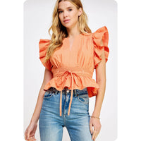 Carmen Flutter Sleeve Peplum Poplin Top:  Cantaloupe or Off White