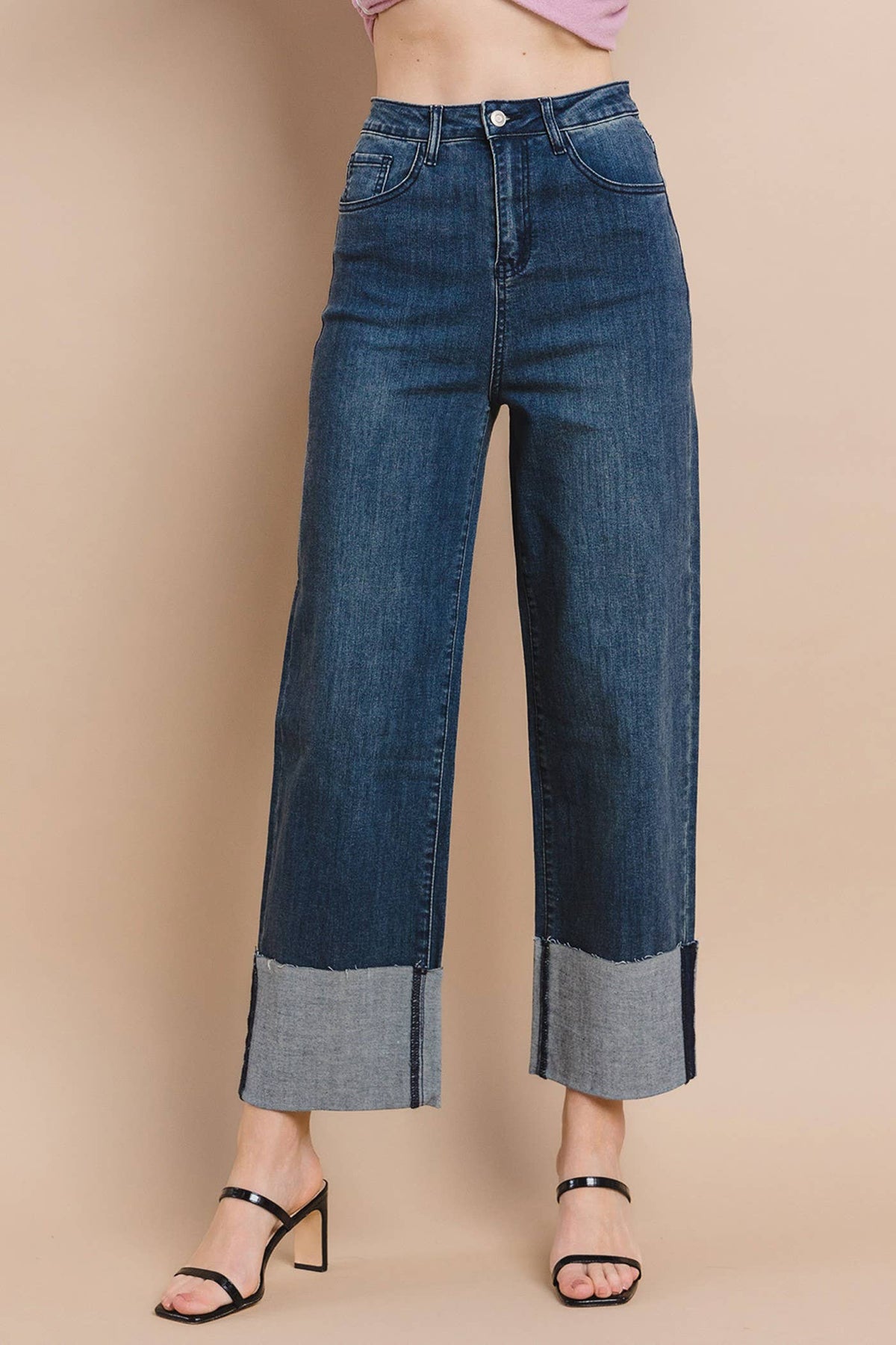 STRAIGHT LEG BOYFRIEND FIT CUFFED JEANS- MID Denim