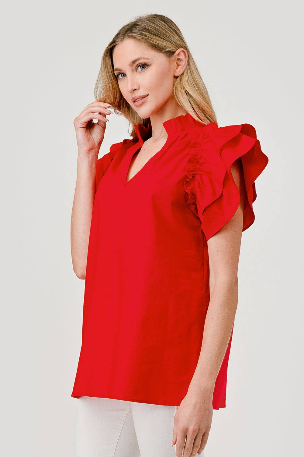 Harlow Cotton Poplin Exaggerated Ruffle Sleeve Top Red