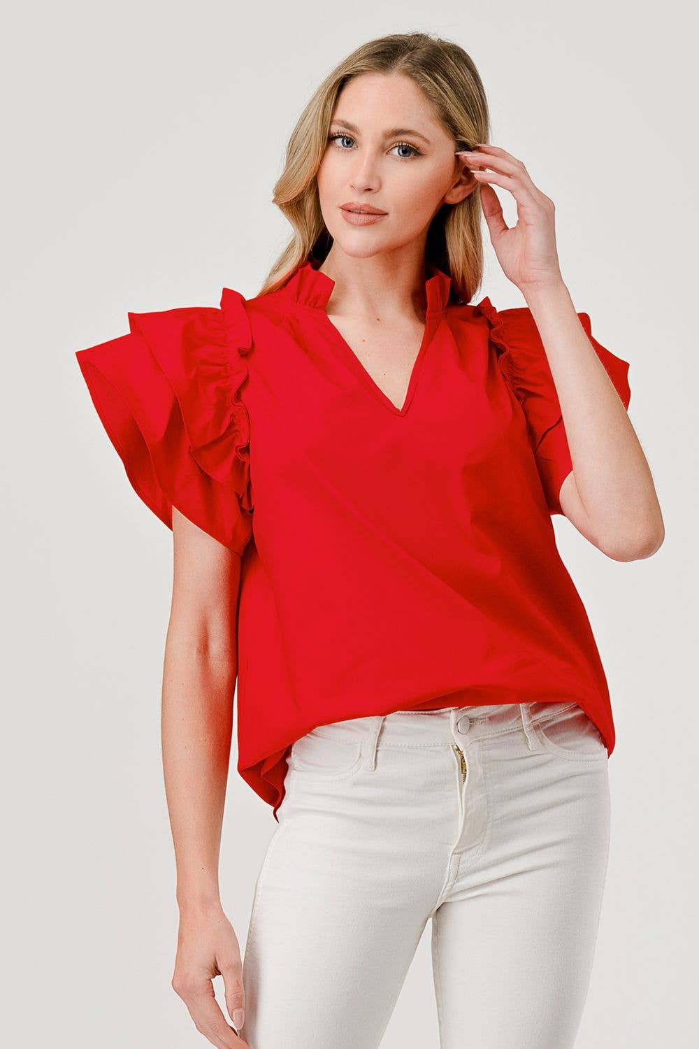 Harlow Cotton Poplin Exaggerated Ruffle Sleeve Top Red