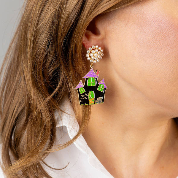 Halloween Enamel Haunted House Earrings in Black/Green/Purple