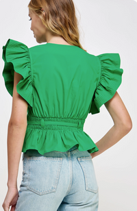 Carmen Flutter Sleeve Peplum Poplin Top:  Cantaloupe or Off White