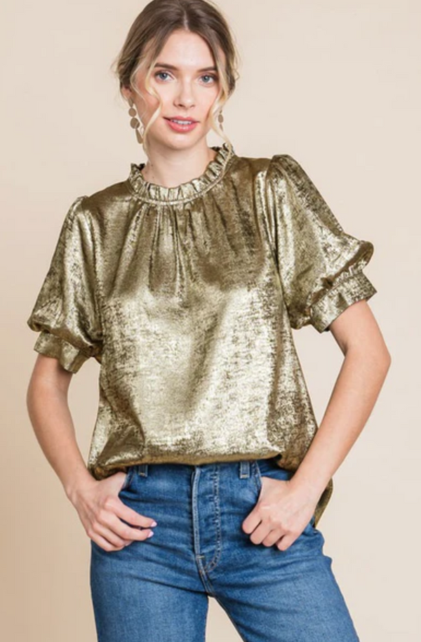 Marcy METALLIC BUBBLE SLEEVE TOP--GOLD