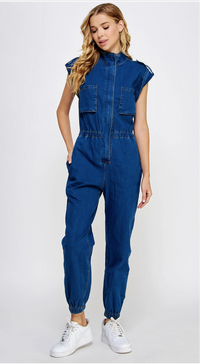 Kyra High Neck Sleeveless Denim Jumpsuit: Denim and Black Denim