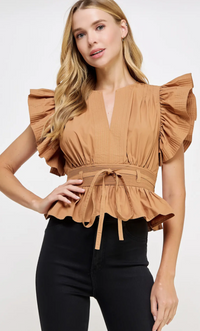 Carmen Flutter Sleeve Peplum Poplin Top:  Cantaloupe or Off White