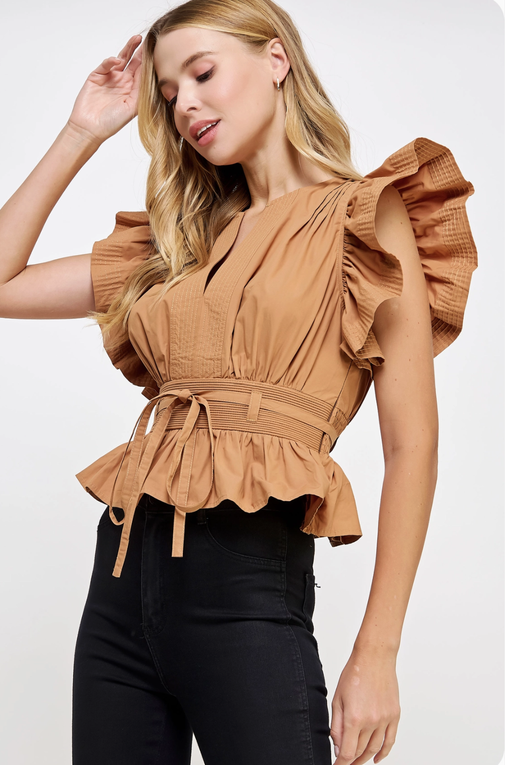 Carmen Flutter Sleeve Peplum Poplin Top:  Cantaloupe or Off White