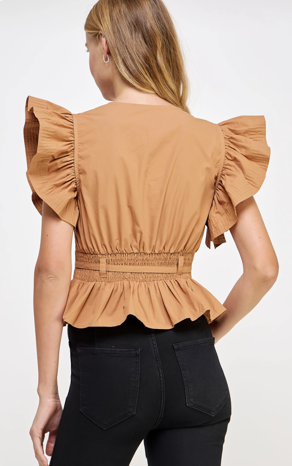 Carmen Flutter Sleeve Peplum Poplin Top:  Cantaloupe or Off White