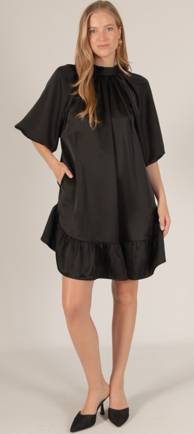 Elizabeth Satin Puff Sleeve Mock Neck Mini Dress